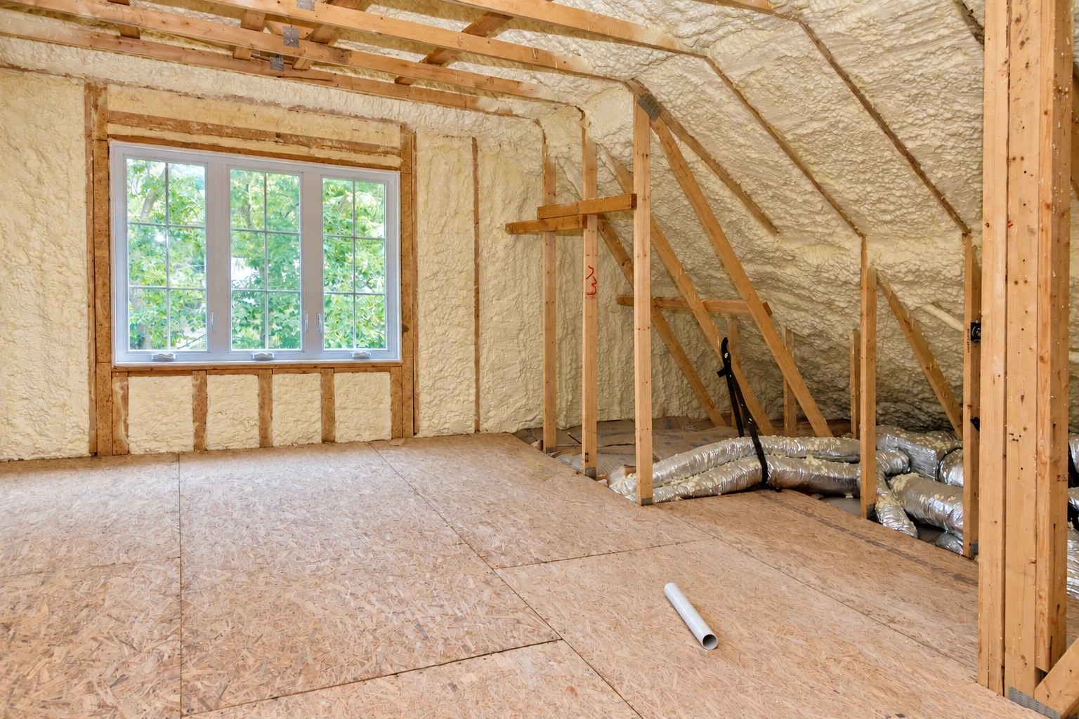Attic with spray foam covering the roof and walls, exposed wood framing, a window, and ductwork.
