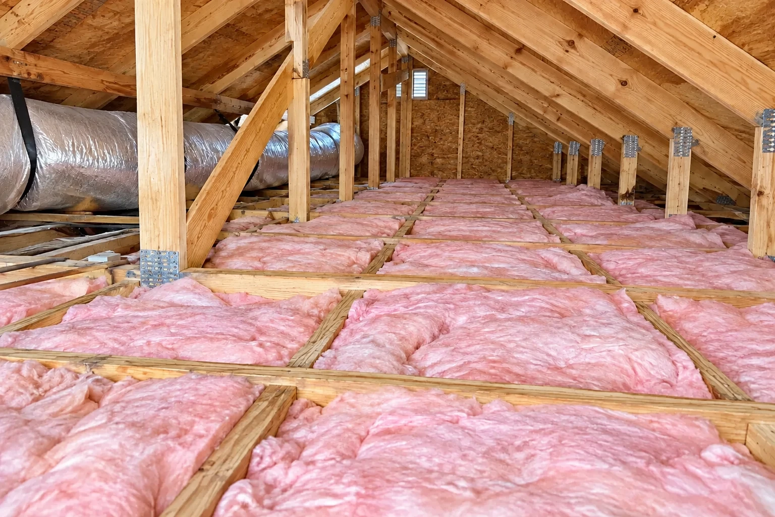 Pink fiberglass batts fill the floor joist bays of an attic beneath exposed wooden roof framing and a large metal duct.