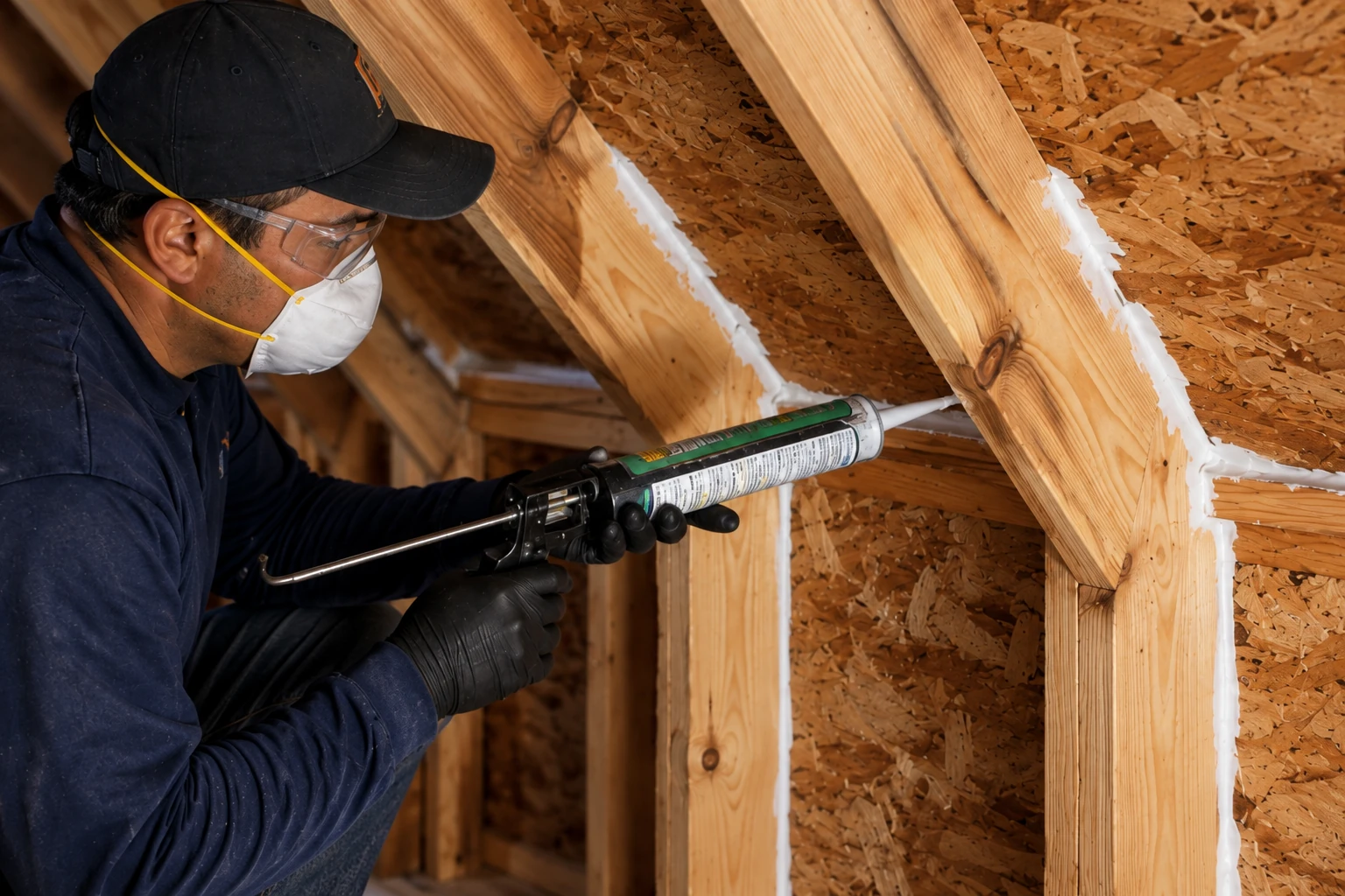 A worker in protective gear applies white sealant with a caulking gun along joints between attic roof trusses.