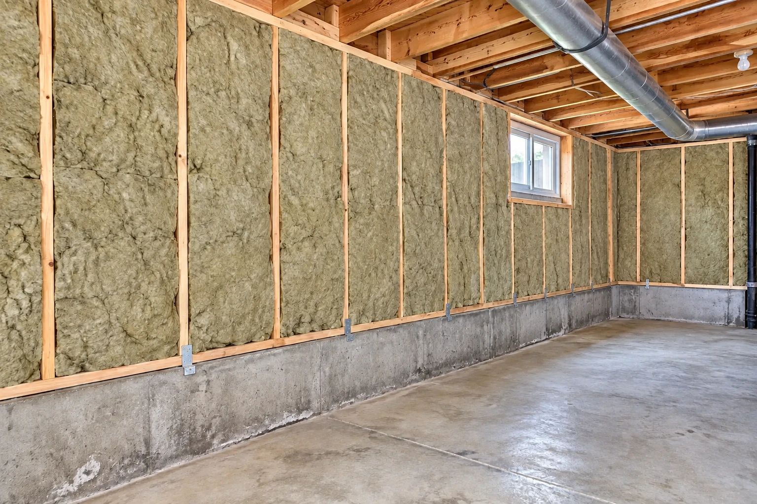 Basement with gray insulation between wooden wall studs, exposed concrete below, and a metal duct overhead.