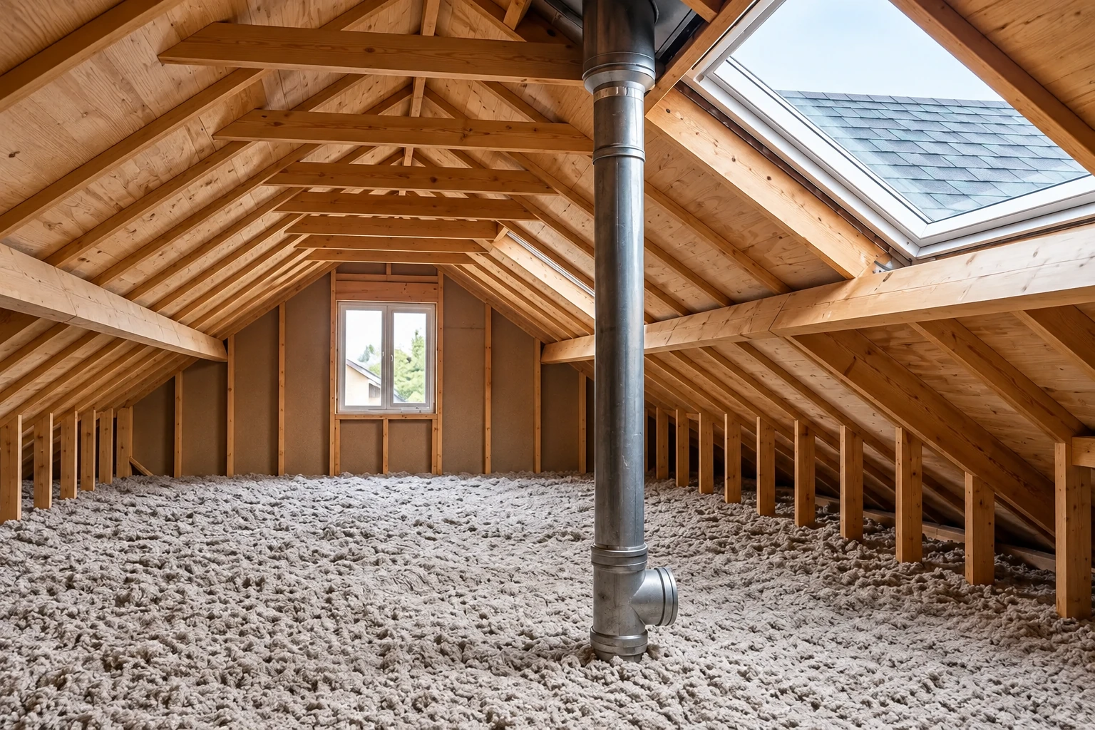 Loose-fill insulation covers an attic floor beneath exposed rafters and a skylight.