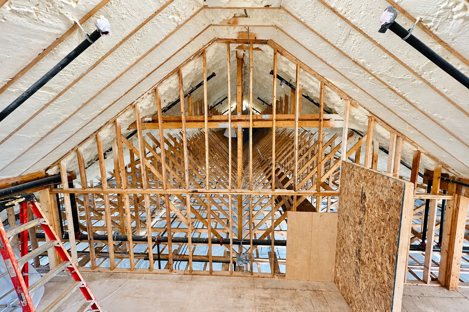 Open attic with white foam insulation coating the sloped roof around exposed wooden trusses and framing.