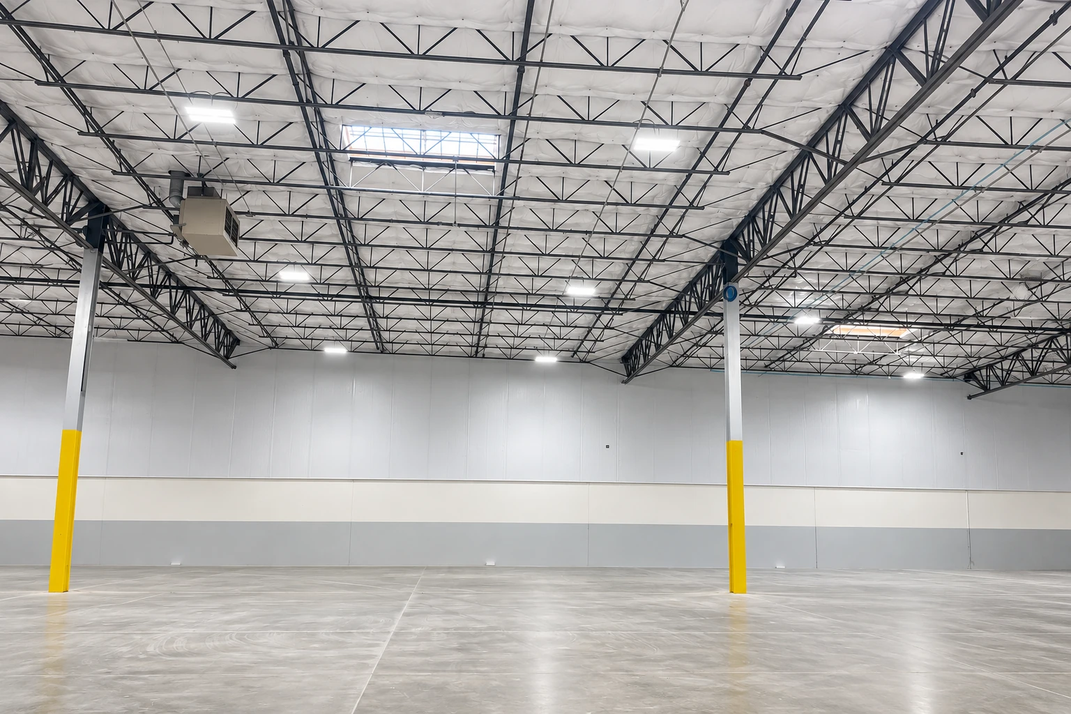 A large empty commercial warehouse has white insulation beneath its high steel-truss roof.