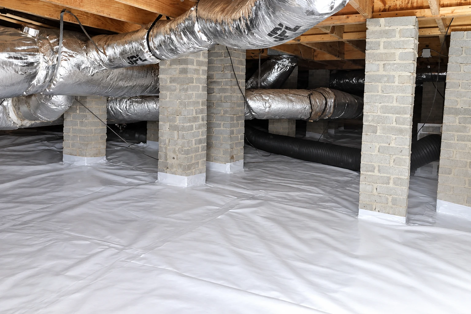 Crawl space with a white vapor barrier covering the floor, brick piers, and large silver and black ducts beneath wooden joists.