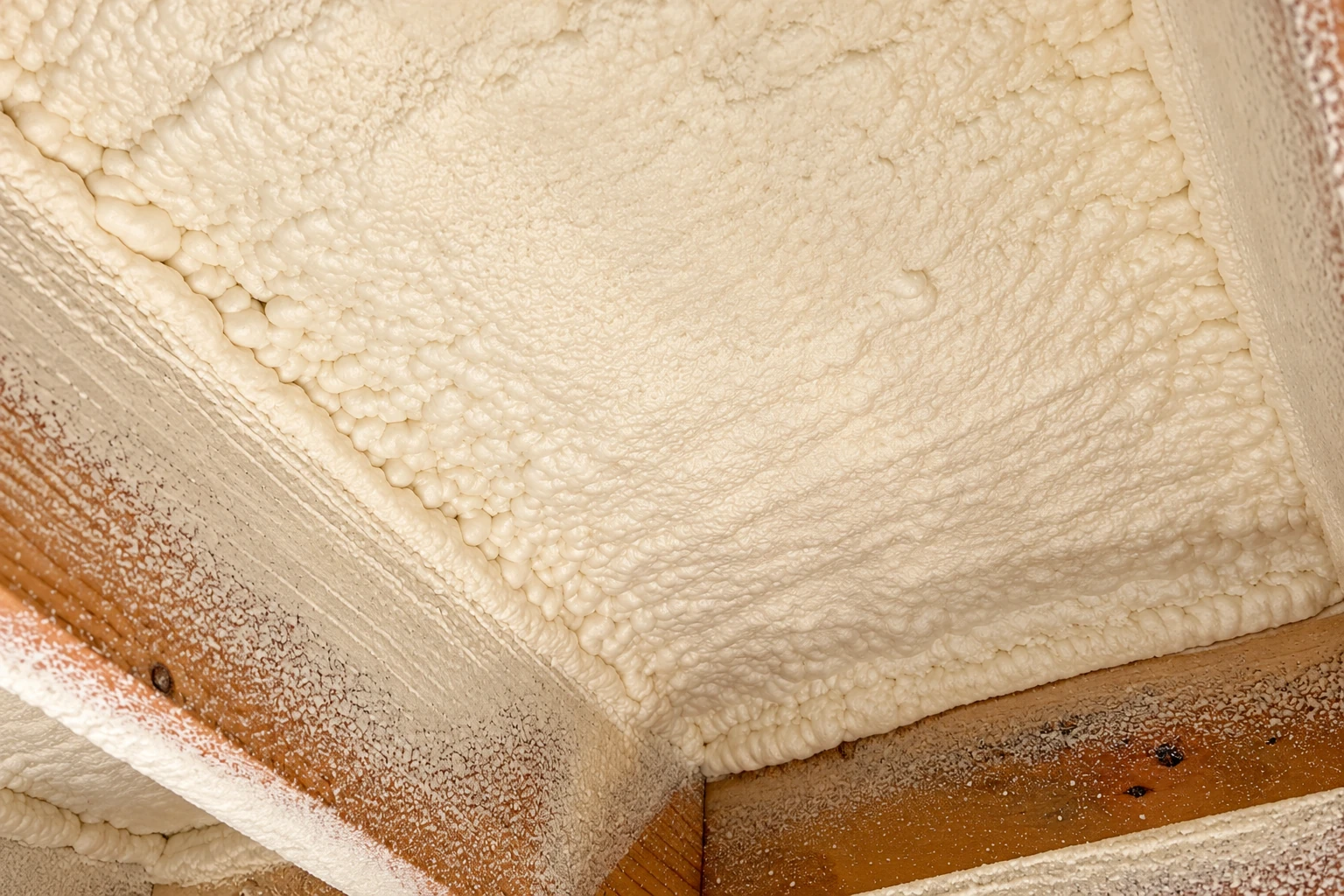 Thick cream spray foam coats the underside of a wooden floor between joists.