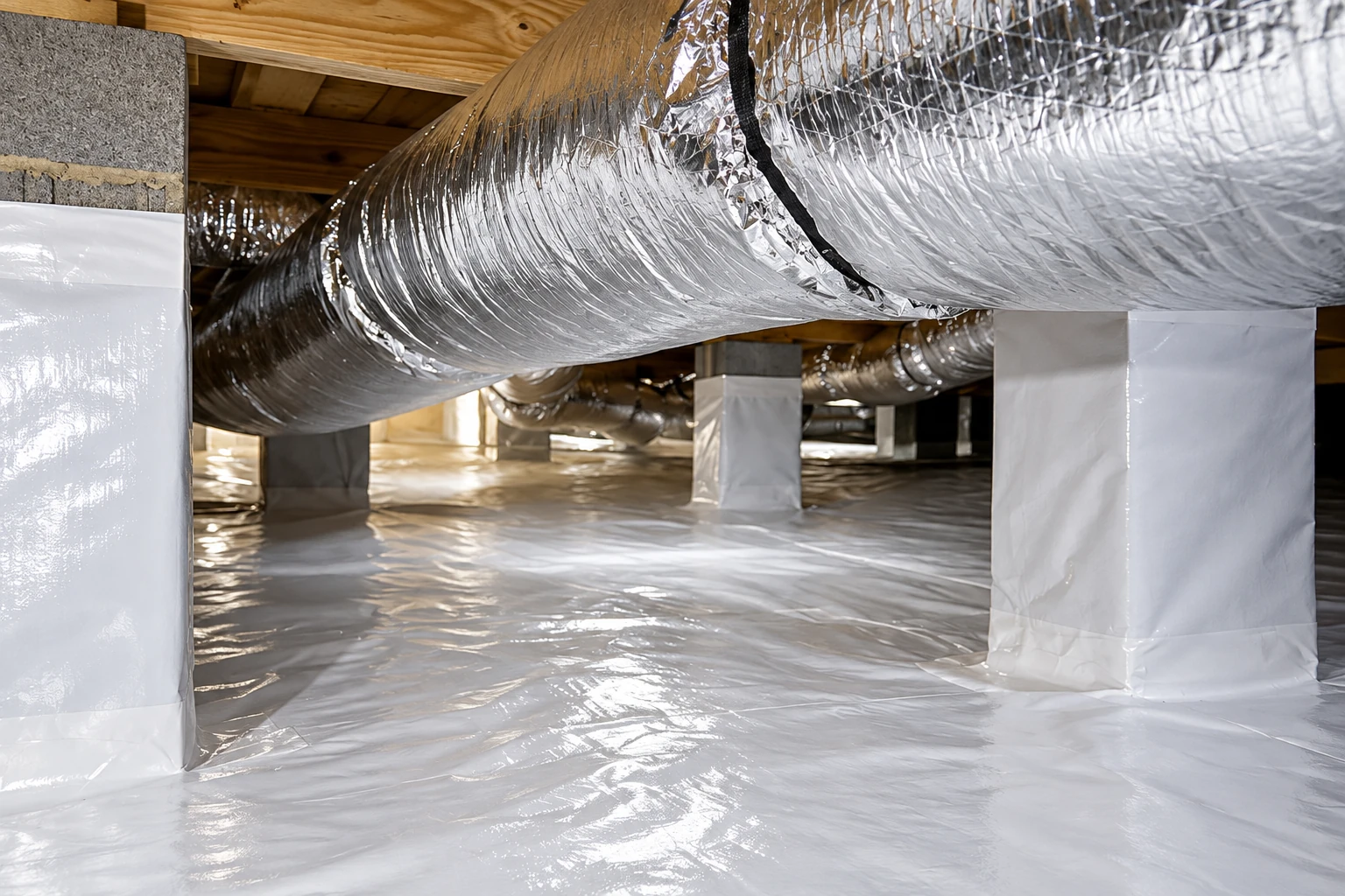 Crawl space with a white vapor barrier covering the floor and wrapped around support piers beneath shiny ductwork.
