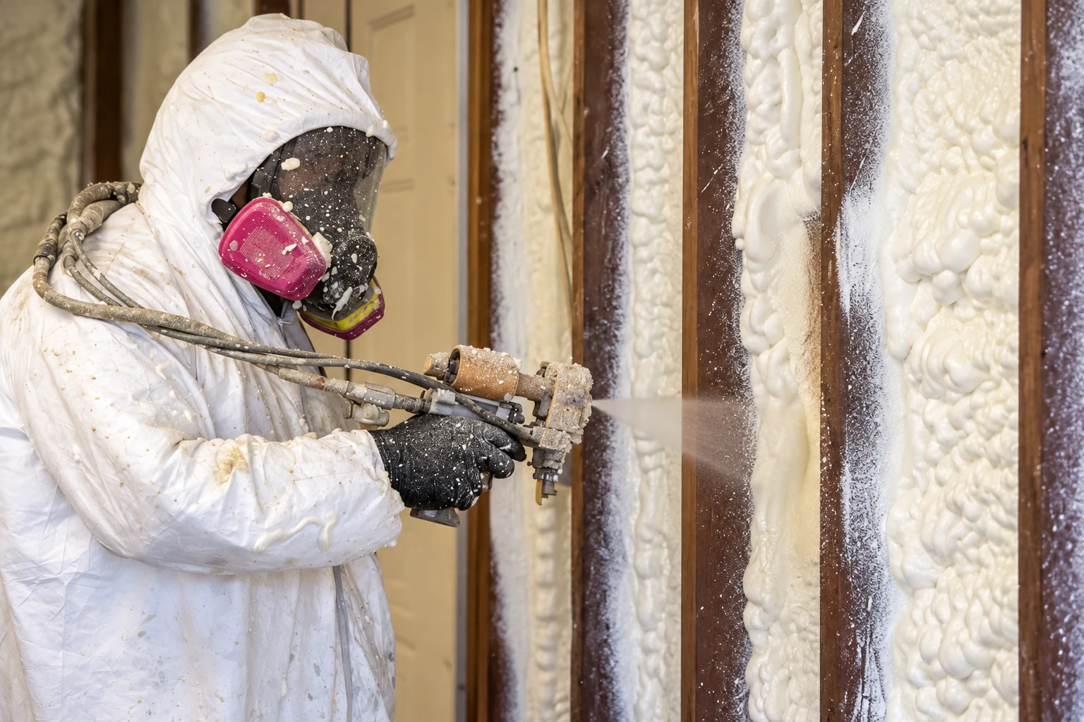 A worker in protective coveralls sprays foam insulation into exposed wall cavities.