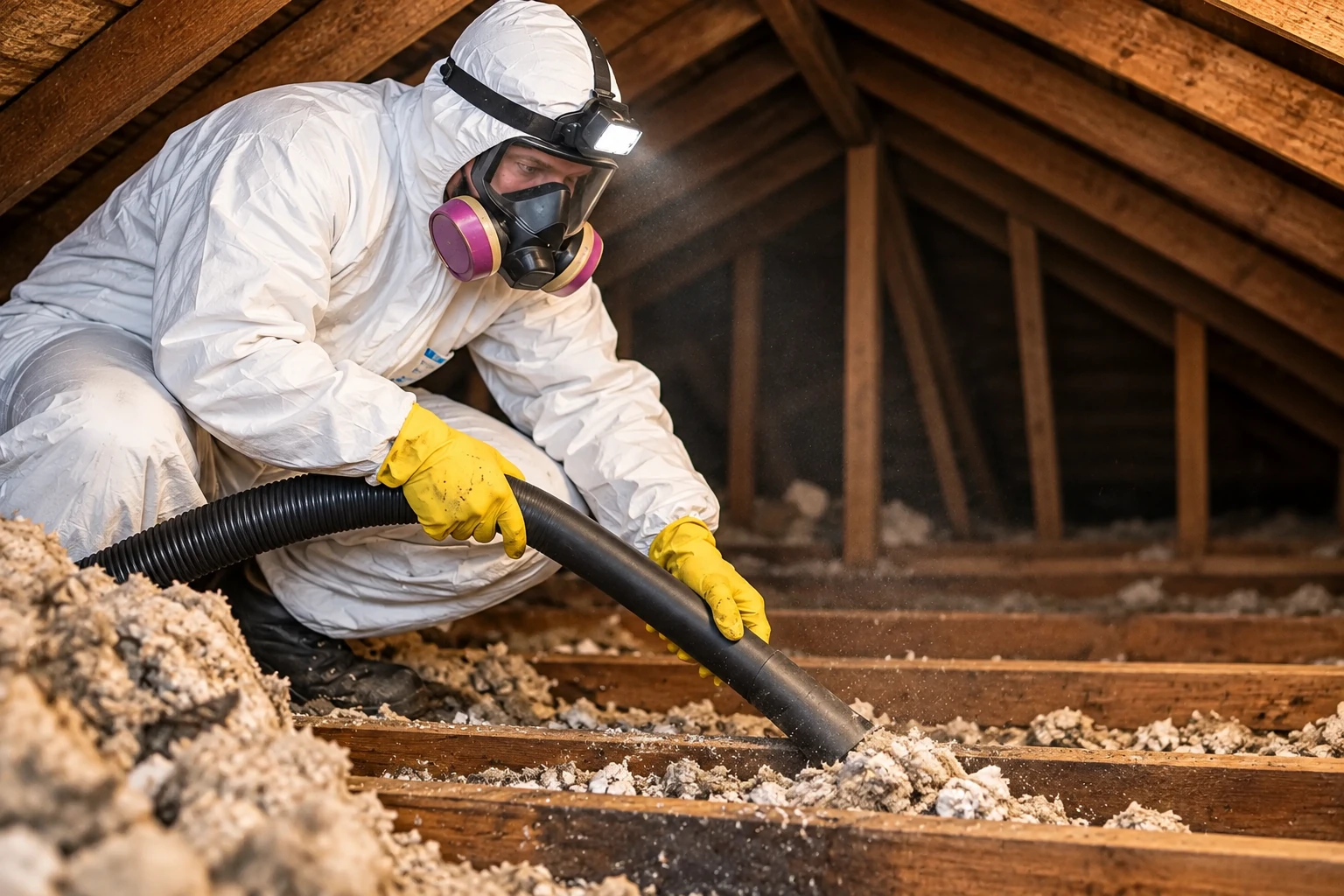 A worker in protective gear vacuums loose insulation from an attic with a large hose.