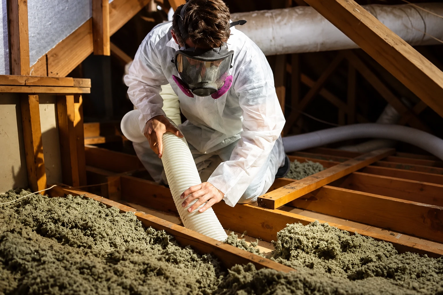 A worker wearing protective coveralls and a respirator vacuums loose attic insulation through a wide hose.
