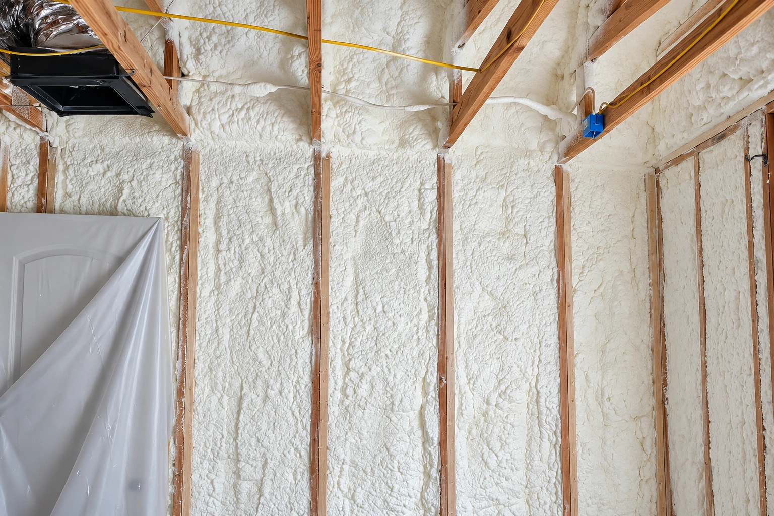 Open-cell foam insulation fills the walls and rafters of a wood-framed room, with a black HVAC duct and yellow wiring visible.