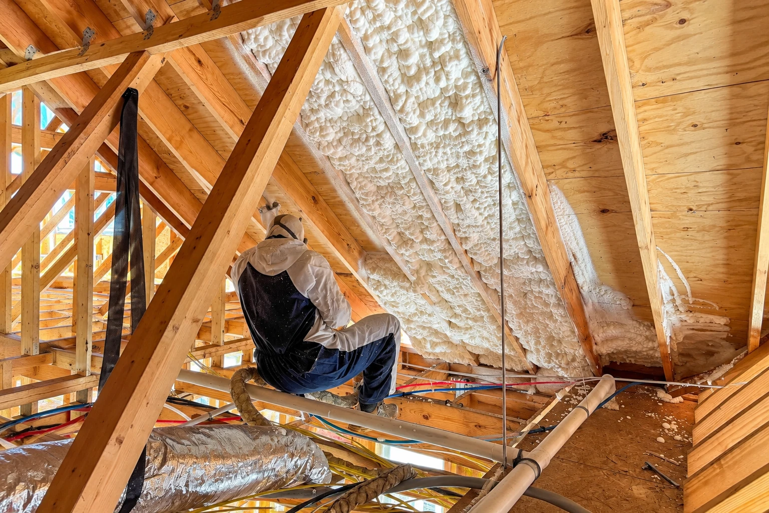 Worker in protective clothing applies spray foam between exposed attic rafters.