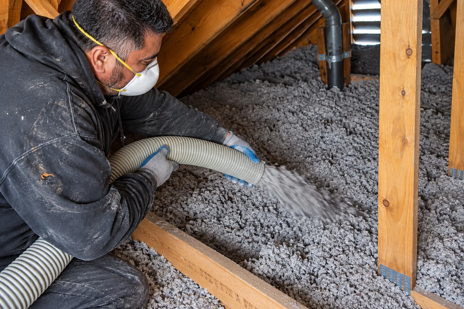 A masked worker blows loose gray insulation through a hose across the floor of a wooden attic.