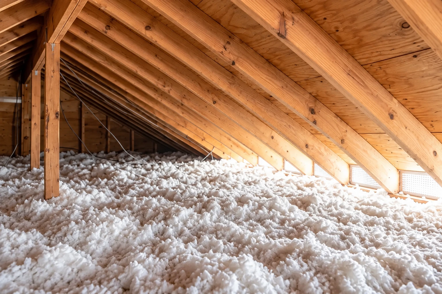 Attic rafters above a floor covered with thick, loose white insulation.