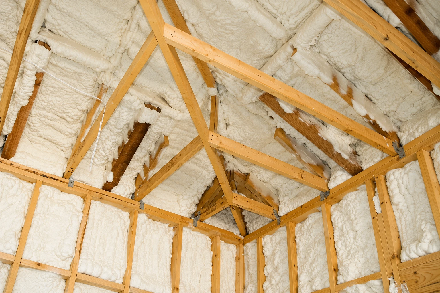 White spray foam fills the roof and wall cavities of an exposed timber frame.