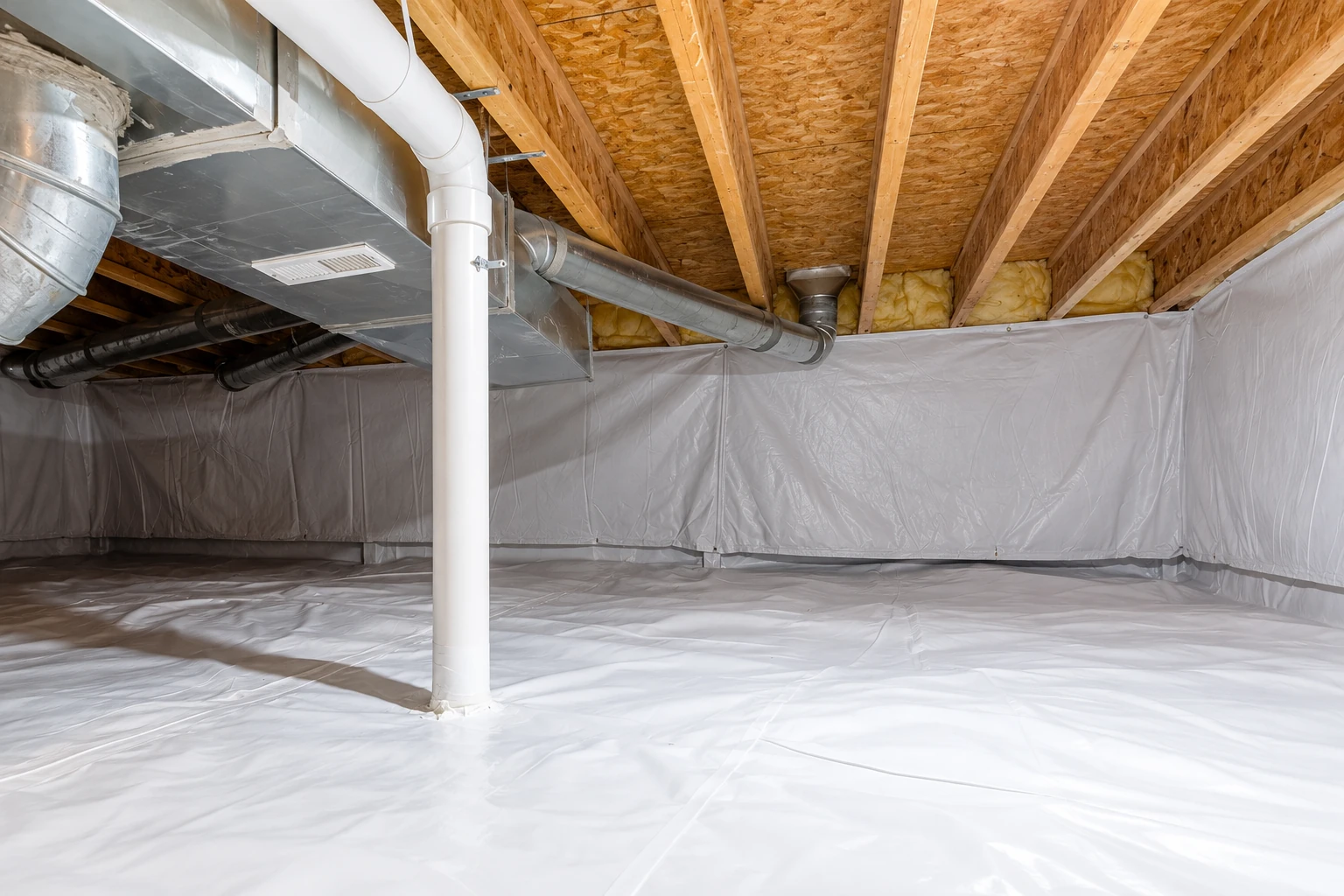 White vapor barrier lines the floor and walls of a crawl space beneath exposed wooden joists and metal ductwork.