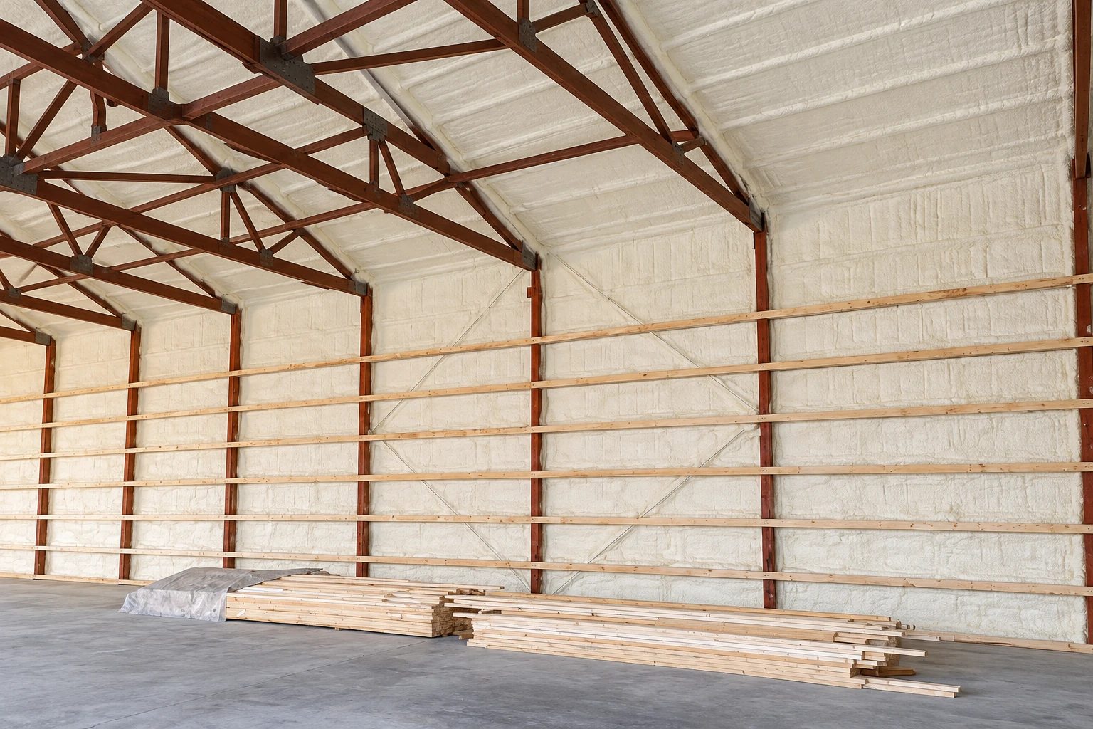 Large building interior with white insulation covering the walls and roof, exposed reddish-brown trusses, and lumber stacked on the floor.